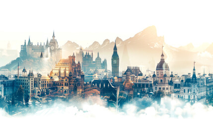 Poster - Upbeat travel guide with famous landmarks and travel adventures double exposure effect