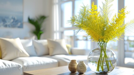 Wall Mural - Bright and inviting living room with a vase of mimosa flowers on the table, adding a touch of nature and color