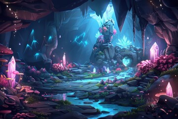 Poster - Mystical Cave with Crystal Formations and Glowing Stream