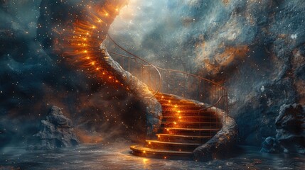 a 3d spiral staircase made of violin bows, leading to a door of musical notation, glowing softly in 