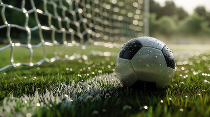 Wall Mural - A soccer ball on a dewy grass field next to a goal post, symbolizing the spirit of the game and competition.