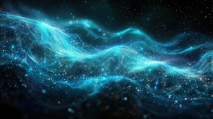 Wall Mural -    a blue light wave on a black background with light bubbles emerging from its top