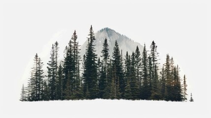 Isolated mountain with tall pine trees, set against a pristine white background for a clean and natural look