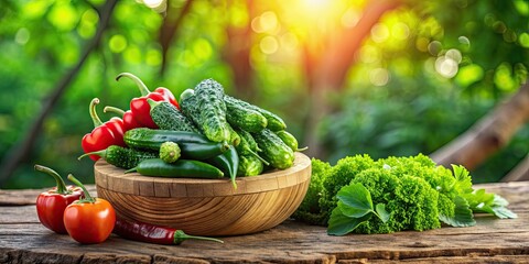 Fresh Achocha vegetables in a wooden bowl on a log, with a green nature background, Achocha, Cyclanthera pedata