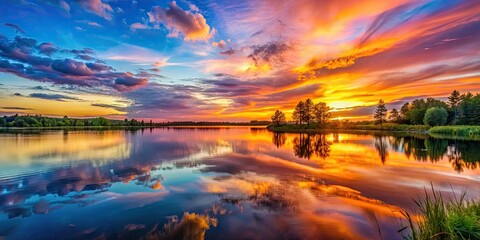 Sunset over a tranquil lake with vibrant colors reflecting on the water, sunset, lake, reflection, water, nature, peaceful, calm