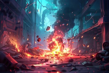 Canvas Print - Fiery Explosion in a Post-Apocalyptic Cityscape