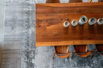 Wall Mural - Overhead View of Wooden Table with Chairs and Ceramic Vases