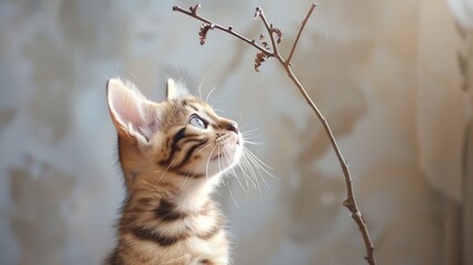 Sticker - Bengal kitten gazing up at twig against wall Room for text