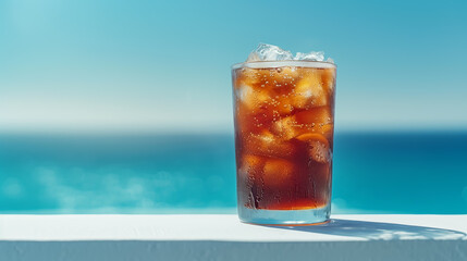 A glass of soft drink and the summer sea.