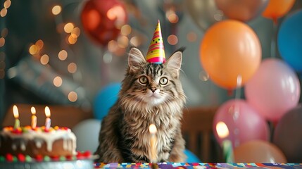 Adorable fluffy cat wearing a birthday hat, seated near a cake and balloons with colorful lights in the background.