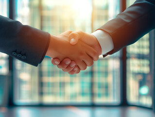 Wall Mural - Close-up of a handshake against an office window background, symbolizing business agreement or partnership. Generative AI