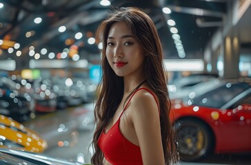 Wall Mural - A beautiful woman in red standing in front of cars.