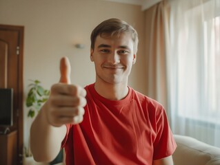 Wall Mural - Young man showing thumbs up in living room.