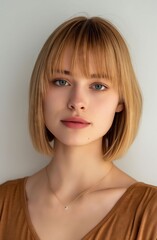 Wall Mural - A young woman with blonde hair and brown top.