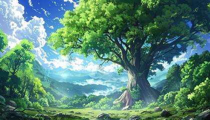 A beautiful forest scene with a large tree in the center, anime cartoon style