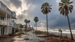 © Waqasiii_Arts  - This dramatic and cinematic image shows the aftermath of a strong hurricane that hit the coast of Myrtle Beach, leaving behind swaying palm trees, a flooded area, and scattered debris.