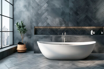 Wall Mural - Modern bathroom interior with free-standing tub, urban view window, dark herringbone tile wall. Generative AI