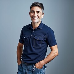 Poster - A man in blue shirt and jeans smiling.