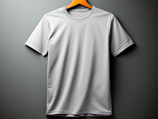 Poster - A grey t-shirt on a wooden hanger against a dark grey background, ideal for branding mockups. Generative AI