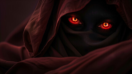 Mysterious glowing eyes peering through cloak 