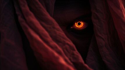 Mysterious glowing eyes peering through cloak 