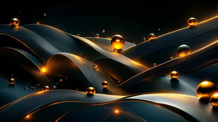 Wall Mural - Abstract dark background with black waves and golden spheres