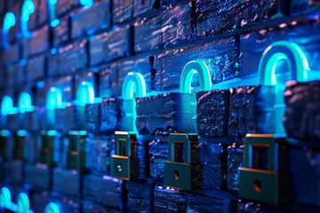 Wall Mural - Blue locks with illuminated keyholes secured on a brick wall, Enhance visual representations of firewall protections