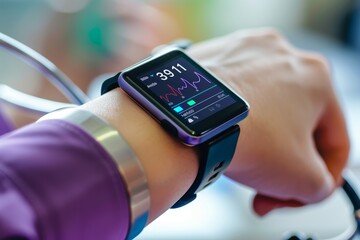 Person Wearing Smart Watch With Stethoscope, Enhancing patient care through the integration of wearable devices and real-time health monitoring systems