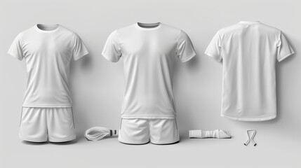 White t-shirt and shorts set for sports like football or rugby, isolated on a background. Mockup for designing clothes, showing front, back, and side views.