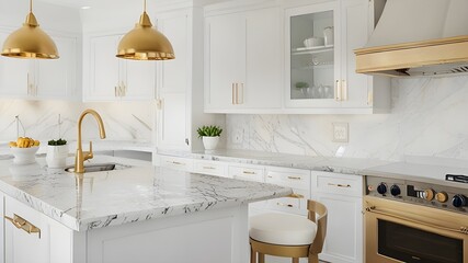 A stylish kitchen with gold hardware, stainless steel appliances and white marble granite counters. 3D