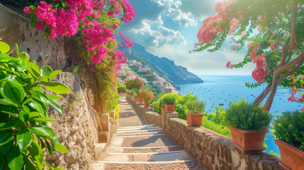 Canvas Print - View of Positano town with flowers on Amalfi Coast