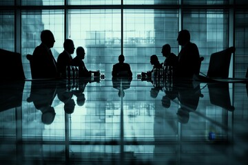 Wall Mural - Group of executives in silhouette discussing future strategies around a conference table, Executives discussing future strategies around a conference table