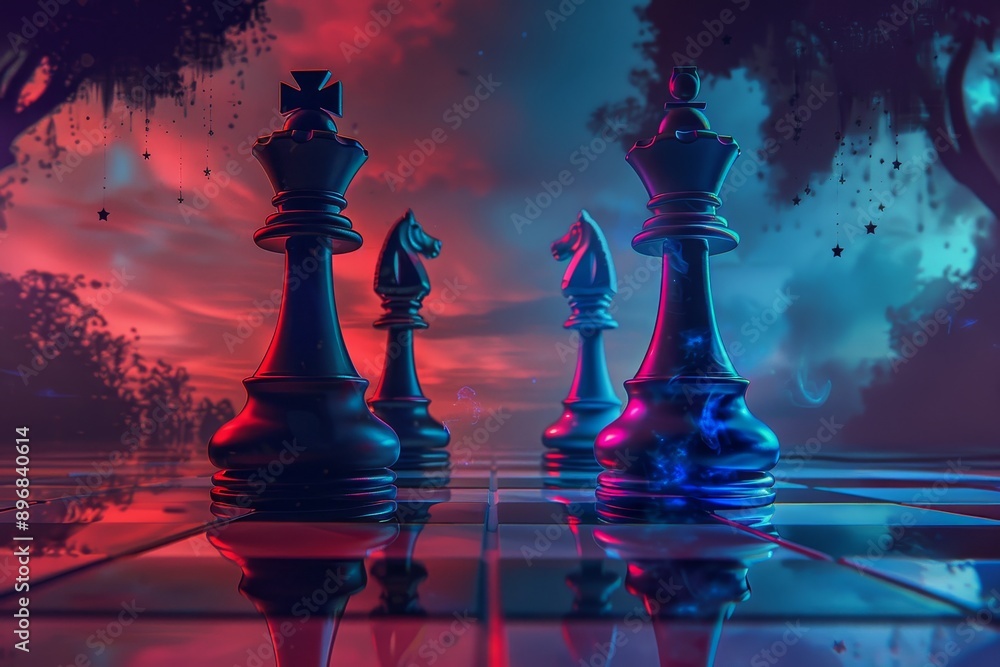 Various chess pieces placed on a chess board with vibrant background ...