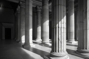 Canvas Print - Black and white photo of columns in a room, Experiment with light and shadow to emphasize the classical forms and proportions of neoclassical architecture