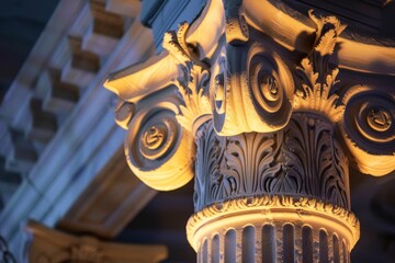 Canvas Print - Illuminated Ornate Column in Night, Experiment with lighting effects to showcase the intricate carvings on a Corinthian capital