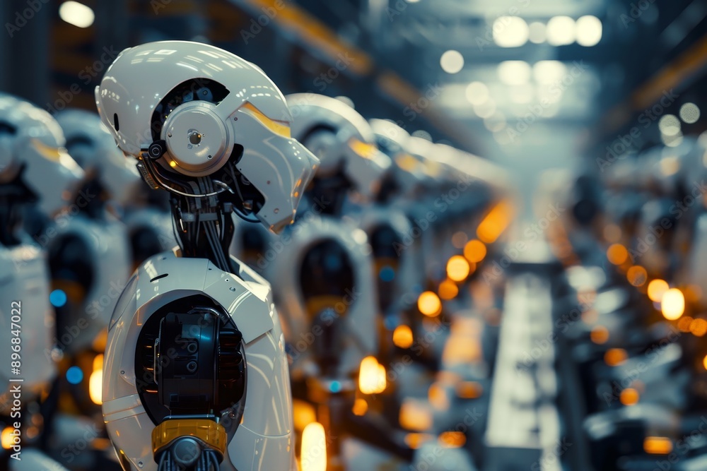 A row of robotic arms working in unison on an assembly line in a ...