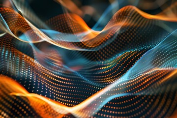 Poster - An abstract representation of an orange and blue wave merging and intertwining in a dynamic pattern, Explore the concept of connectivity in tech through abstract wave forms