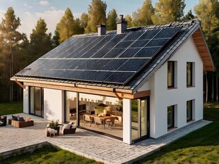 Close-up of a new suburban house with a photovoltaic system on the roof. Simple and modern environmentally friendly house with solar panels on the gable roof, with sunlight during the day