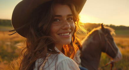 Poster - A beautiful woman with long hair and a hat smiling at the camera while riding on horseback in an open field of grass