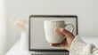 © happysunstock - Productive Workday Concept - Hand Holding Coffee Cup with Laptop in Background, Generative Ai