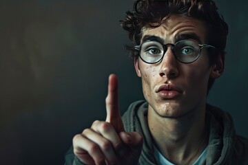 Young Man With Glasses Pointing Upward