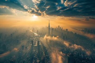 Sticker - Aerial View of Shanghai City at Sunset, Explore the vast, ever-changing skyline of Tokyo from various perspectives and angles