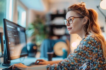 Sticker - A woman wearing glasses is focused on working on a computer, Exploring the concept of virtual assistants