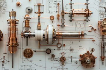 Poster - Close-up view of mechanical gears in motion on a white background, Exploring the intricacies of precision engineering through visual forms