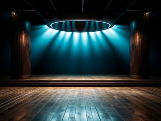 Canvas Print - An empty stage with spotlight, wooden floor, dramatic blue illumination, concept of performance. Generative AI