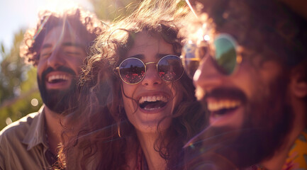 Vibrant outdoor laughter scene with three friends, featuring a stylish curly-haired girl and bearded men, set against a lush green backdrop with a captivating bokeh effect for commercial appeal.