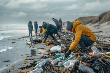 several environmentally friendly people cleaning trash from a beach for a cleaner world