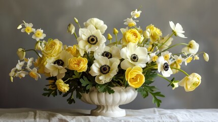 Poster - Bright and stylish arrangement of anemone yellow roses and narcissus