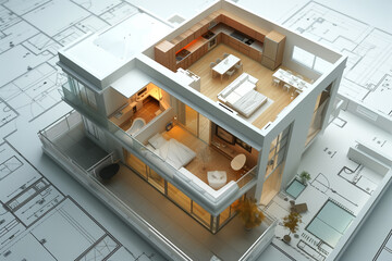 Leinwandbilder - 3d small house model on architecture floorplan created with 