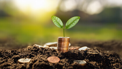 A seedling growing on a coin lying on the ground symbolizes the concept of sustainable investment and increasing money. Green investment concept, Increasing money